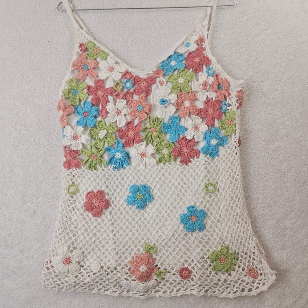 Maurice Sasson Crochet Floral Camisole Top L Cream Pink Blue Ramie Cotton Blend